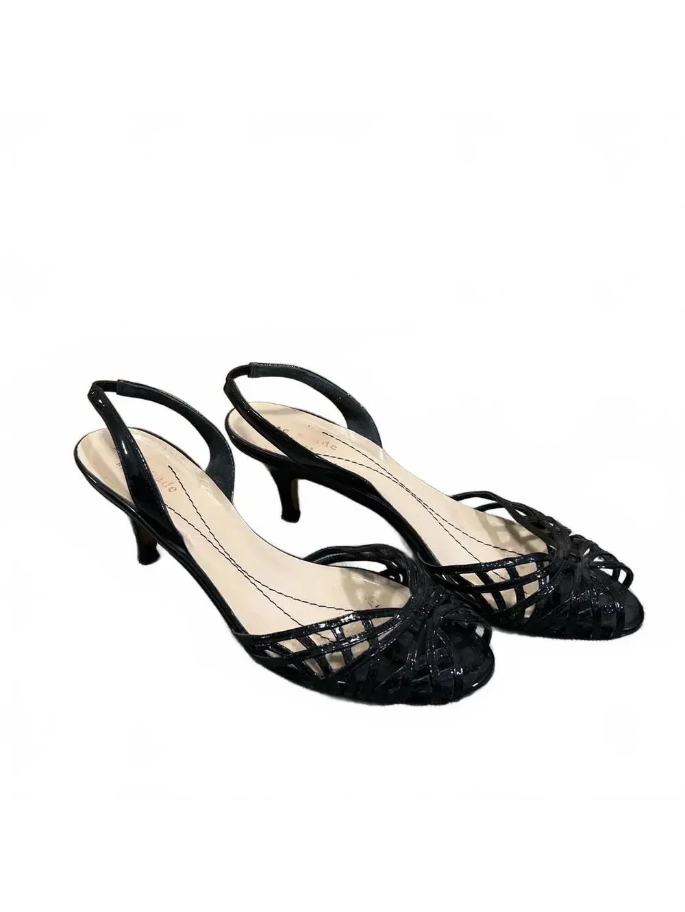 Kate Spade New York Black Patent Leather Kitten Heel Slingback Sandals Size 6 B